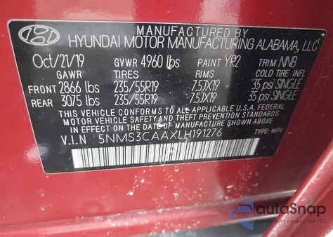 2020 Hyundai Santa Fe Sel 2.0T z USA, uszkodzony, nr VIN 5NMS3CAAXLH191276